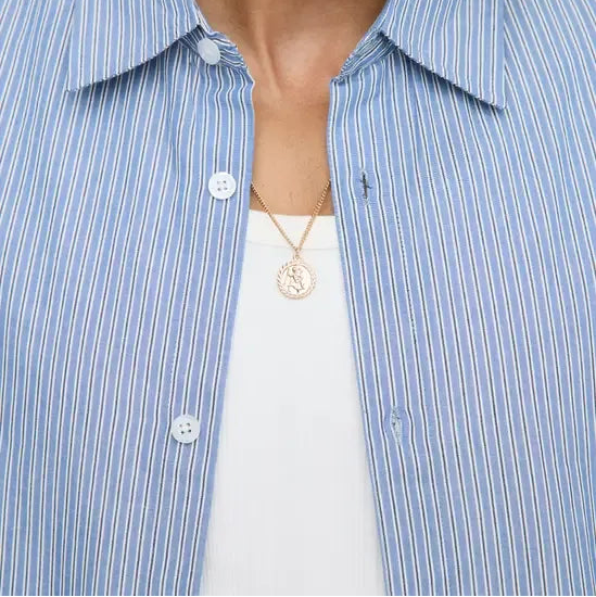 Blue and white striped short sleeve shirt