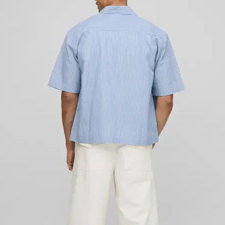 Blue and white striped short sleeve shirt