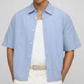 Blue and white striped short sleeve shirt