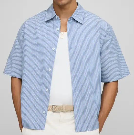Blue and white striped short sleeve shirt