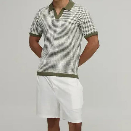 Checked knit short sleeve polo shirt