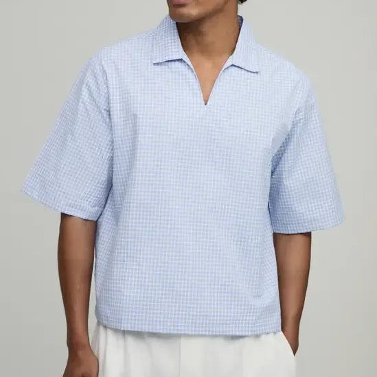 Light blue micro check short sleeve shirt