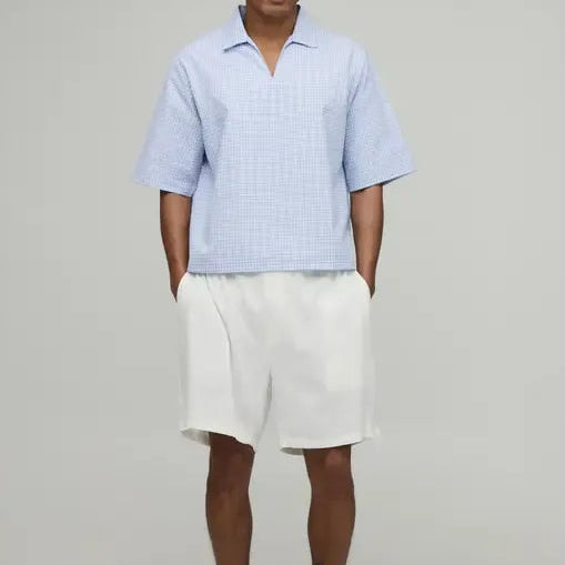 Light blue micro check short sleeve shirt