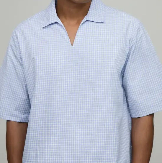 Light blue micro check short sleeve shirt