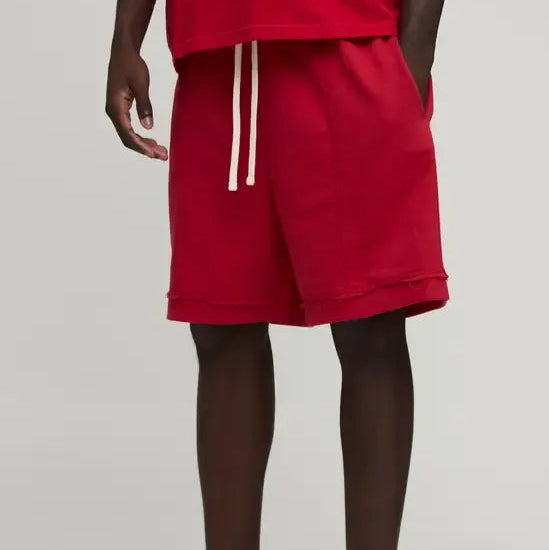 Men's red drawstring athletic shorts