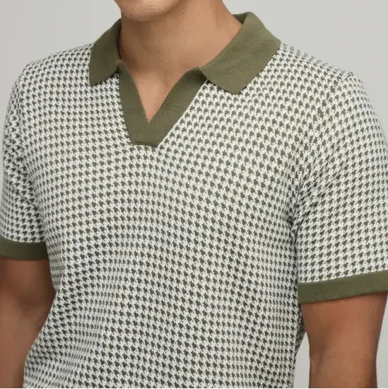 Checked knit short sleeve polo shirt